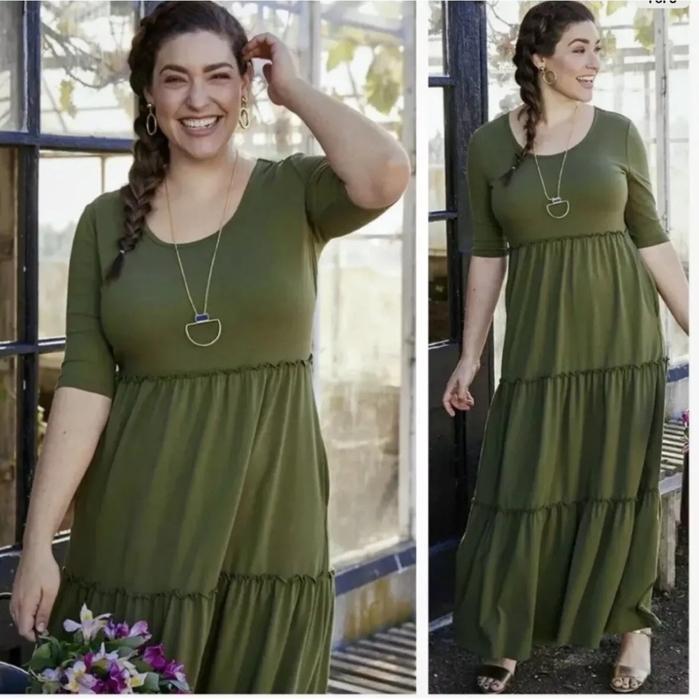 Matilda Jane Tiered Maxi Dress Olive Green Casual Boho‎ Fall Womens Size M